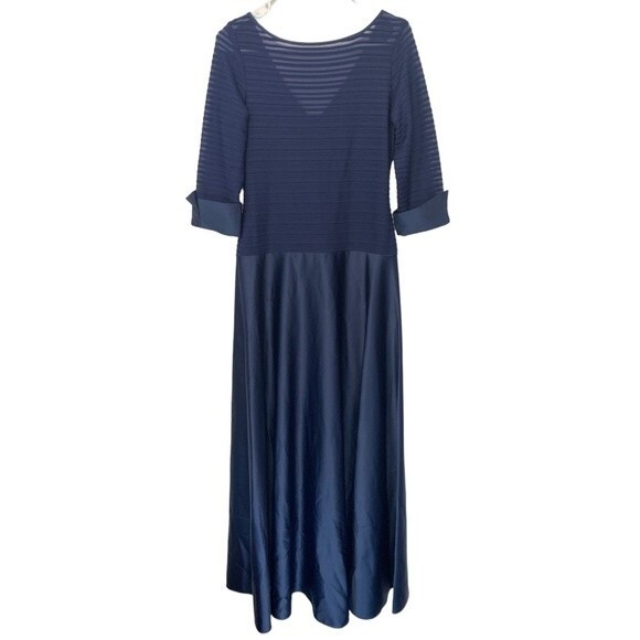 JS Collections | Blue Satin Formal Satin Evening Gown Ribbed Sheer Top Dress 8 - Picture 1 of 8